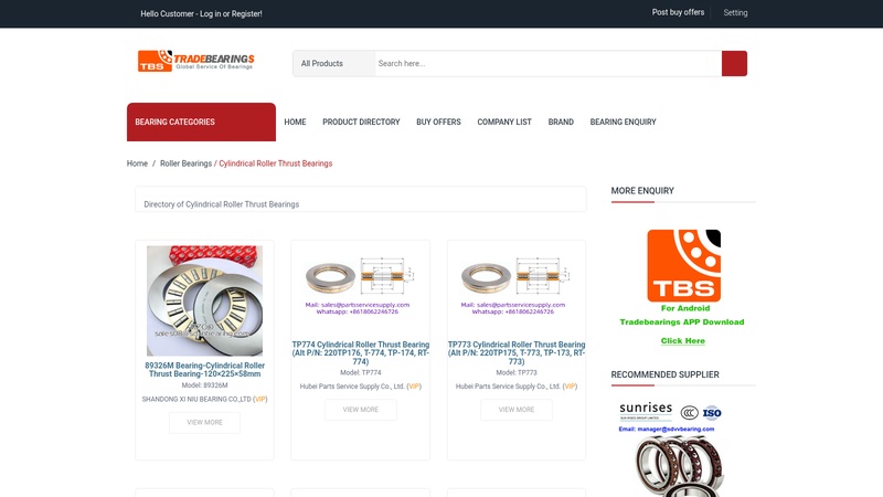 Cylindrical Roller Thrust Bearings Manufacturers & Exporters Suppliers catalogue at www.tradebearings.com Cylindrical Roller Thrust Bearing